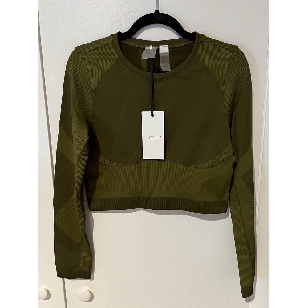 NWT Calia Seamless Crop Tee Womens Large Dark Khaki Olive Long Sleeve